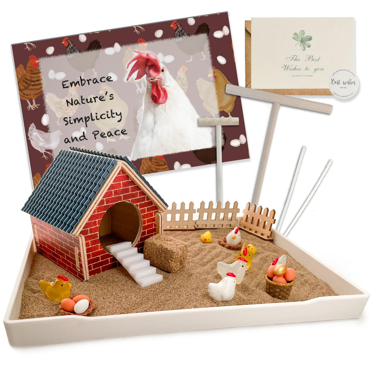 Threeheng Chicken Zen Garden Kit main scene with coop and sand tray for calm desk vibes.