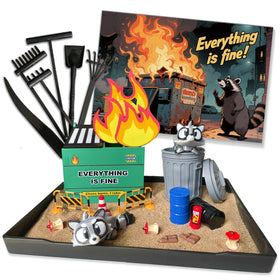 Threeheng Dumpster Fire Zen Garden Set on a desk for playful stress relief and focus.