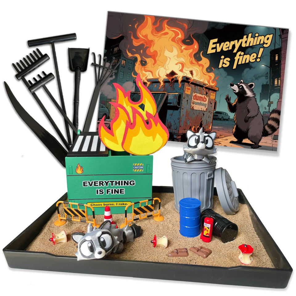 Threeheng Dumpster Fire Zen Garden Set on a desk for playful stress relief and focus.