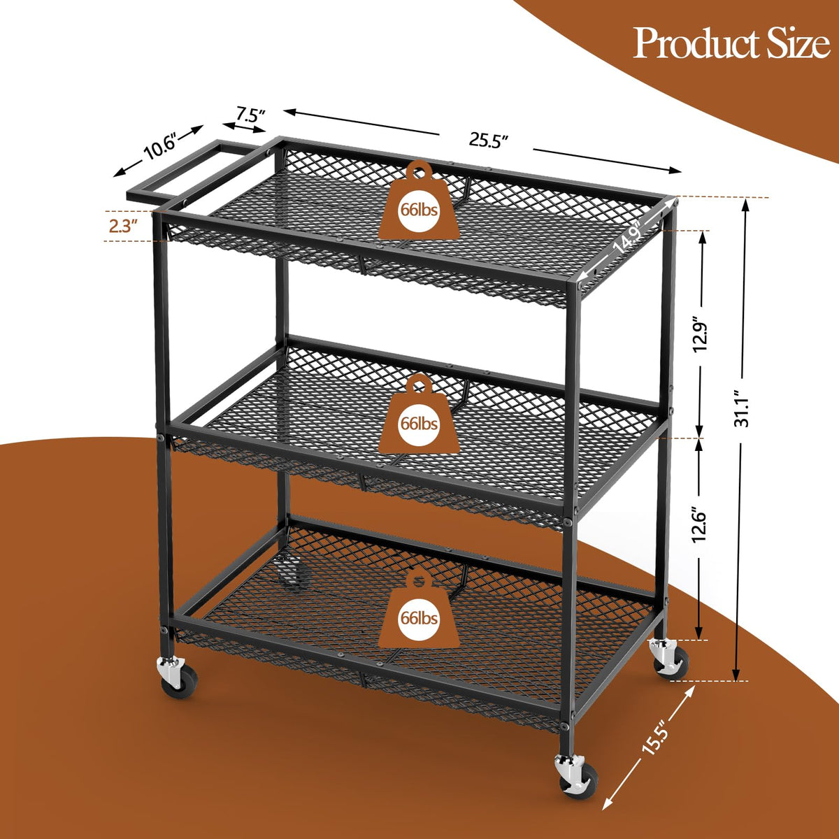 ThreeHio 3-tier rolling cart in kitchen demonstrates spacious open-wire design for visible organization.
