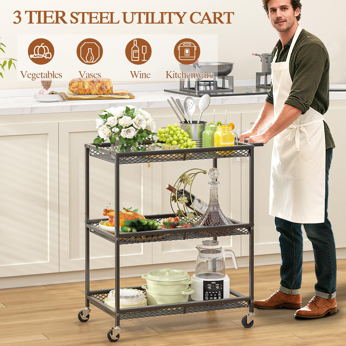 ThreeHio 3-tier rolling cart in laundry area illustrates compact, mobile storage for supplies.