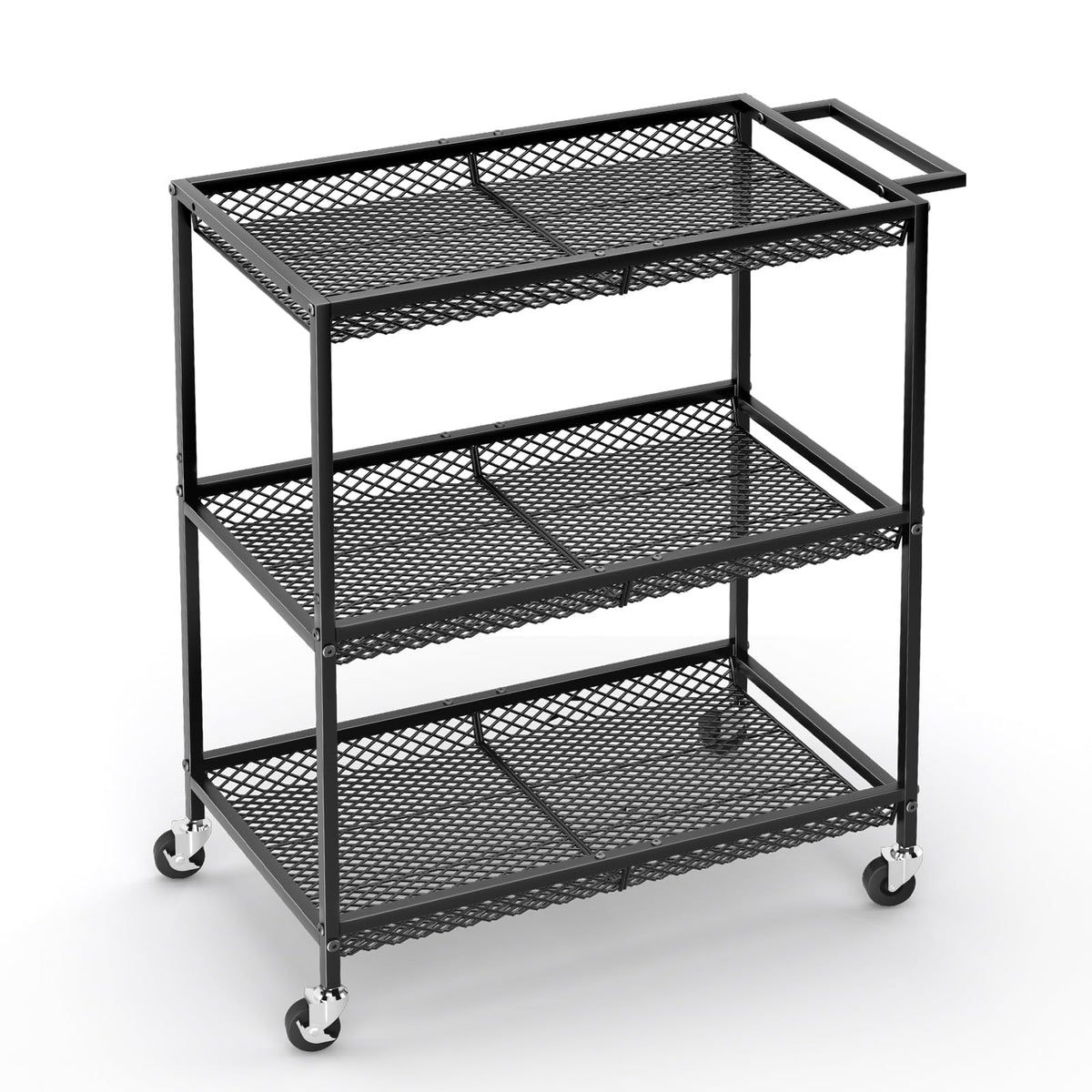 ThreeHio 3-tier rolling cart side view shows rugged metal build for heavy kitchen storage.