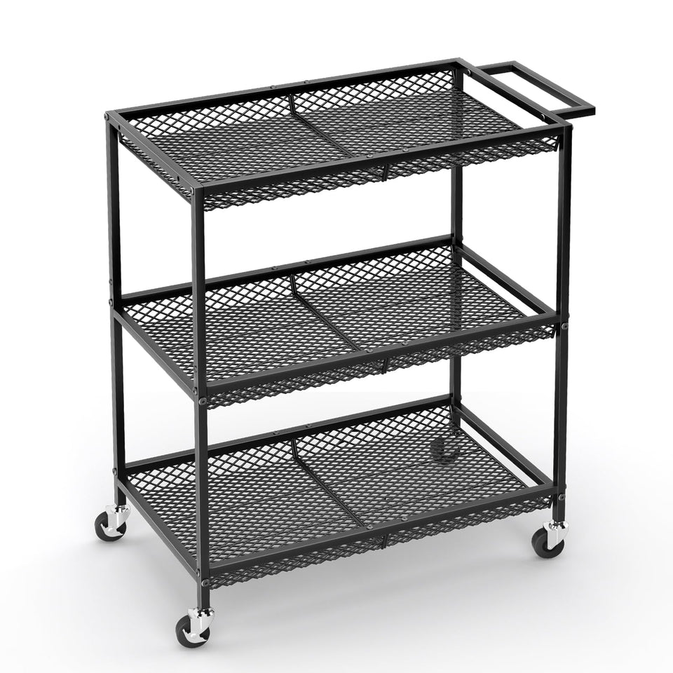 ThreeHio 3-tier rolling cart side view shows rugged metal build for heavy kitchen storage.