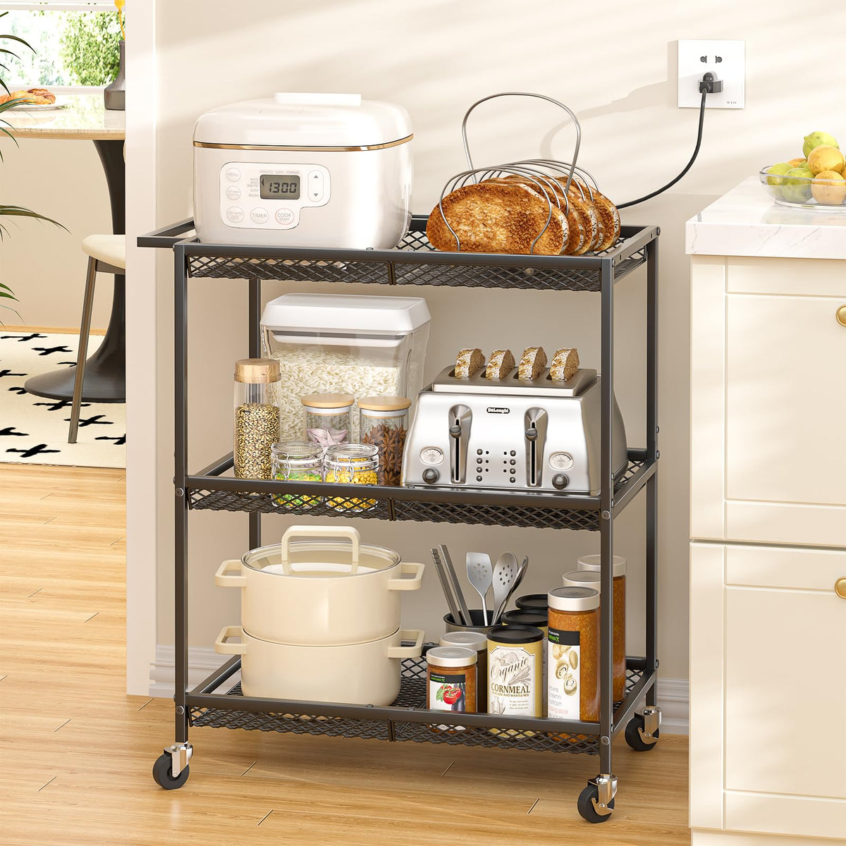 ThreeHio 3-tier rolling cart with wheels view highlights smooth mobility and secure locking brakes.