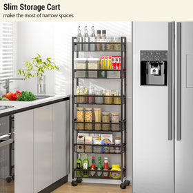 ThreeHio 6-tier narrow shelving assembly demonstrates compact storage in tight areas