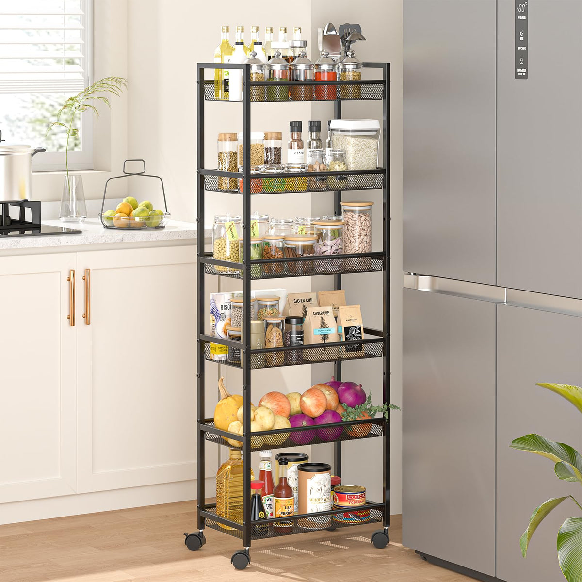 ThreeHio 6-tier slim cart front view for compact kitchen organization.