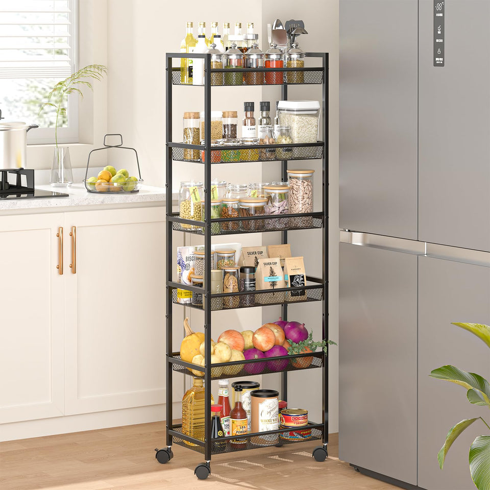 ThreeHio 6-tier slim cart front view for compact kitchen organization.