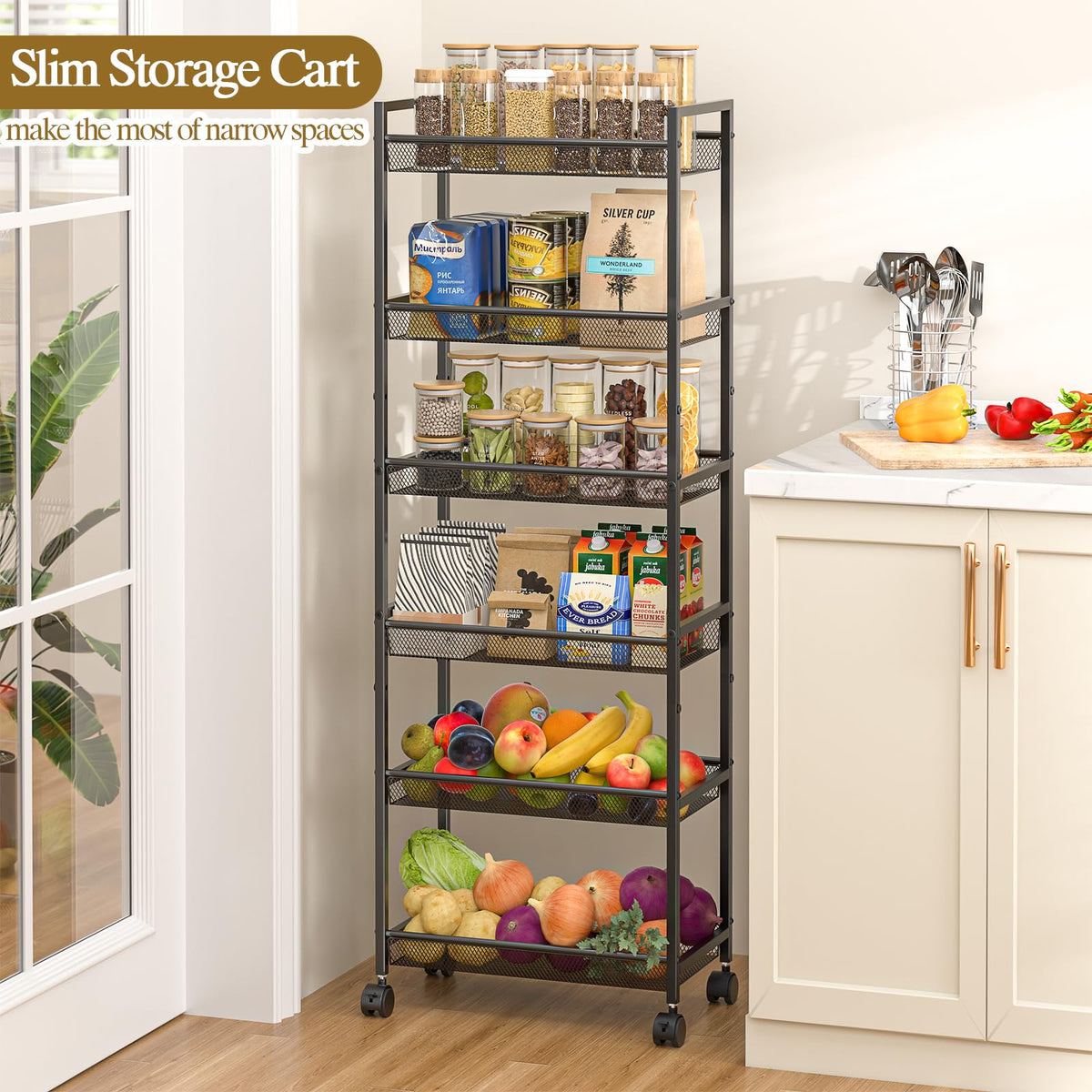 ThreeHio slim cart between appliances to maximize space.