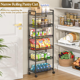 ThreeHio 6-tier cart mesh shelves highlighting bottle and item storage.
