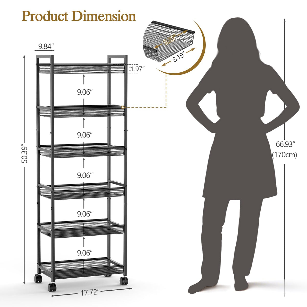 ThreeHio 6-tier slim cart side view with wheels for easy mobility.