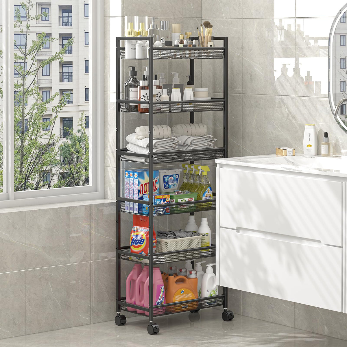 ThreeHio rolling cart with locking casters ensures stable placement.