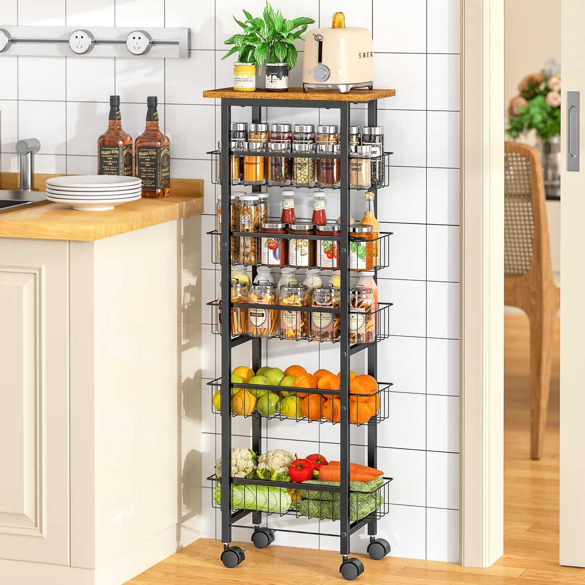 ThreeHio 6-tier slim cart with wooden top for compact kitchen storage.