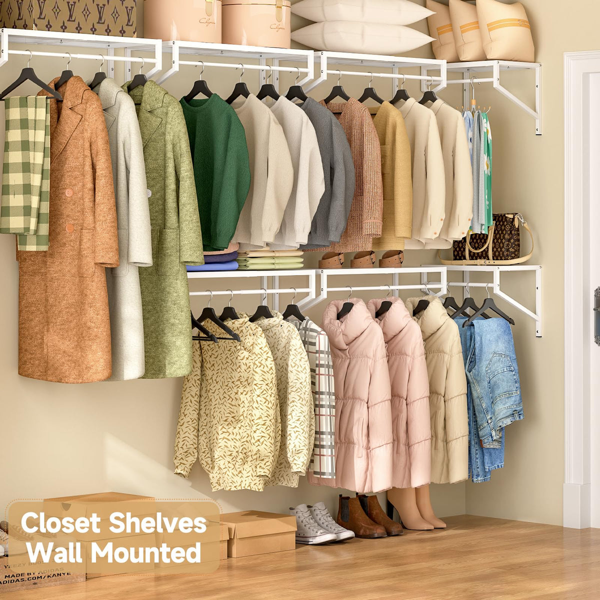 ThreeHio closet shelves with hanging rods organize garments neatly.