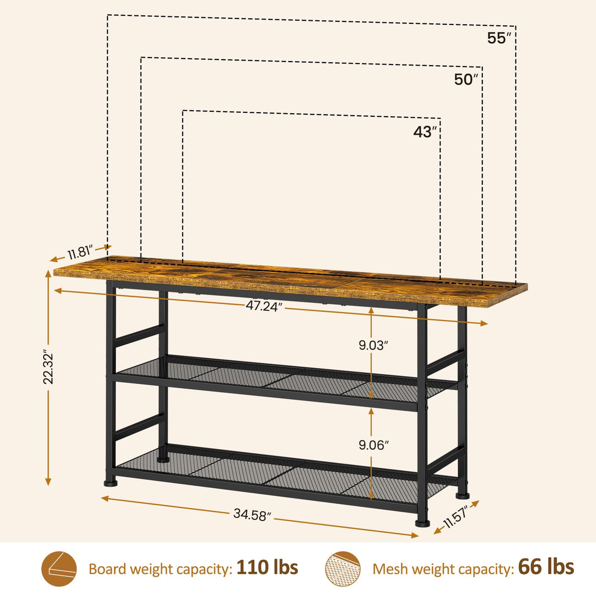 ThreeHio entertainment center with 3-tier shelves for organized media.
