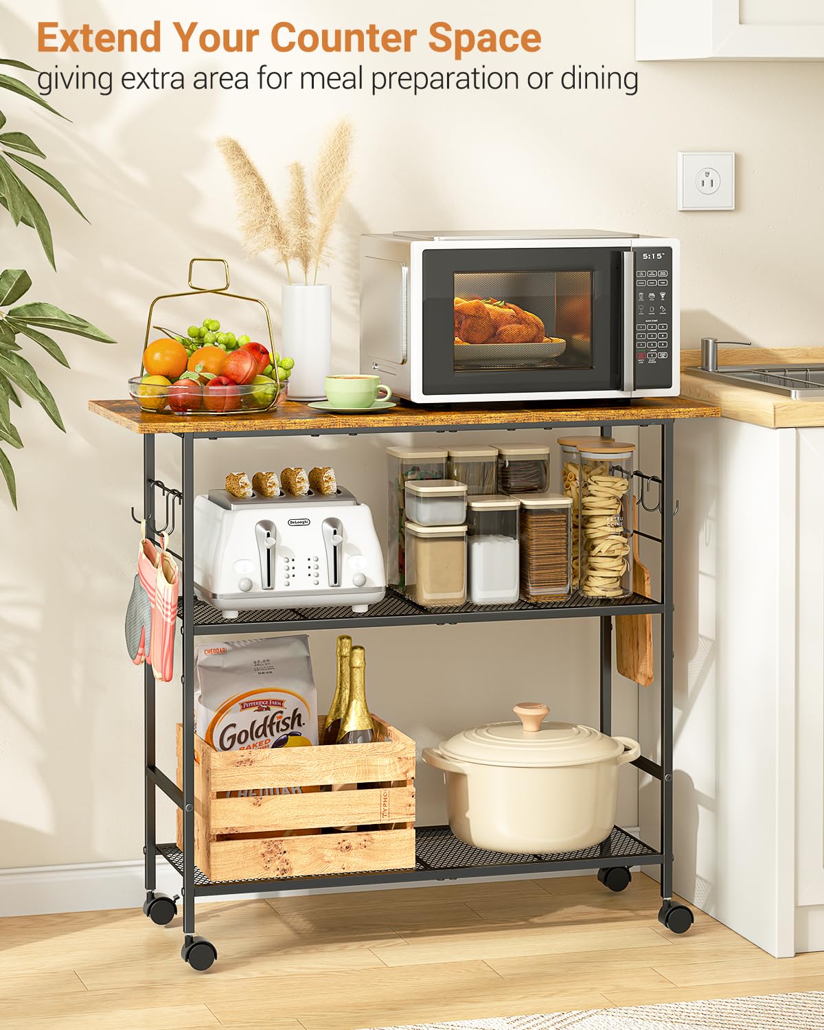 ThreeHio rolling kitchen cart on wheels for smooth mobility