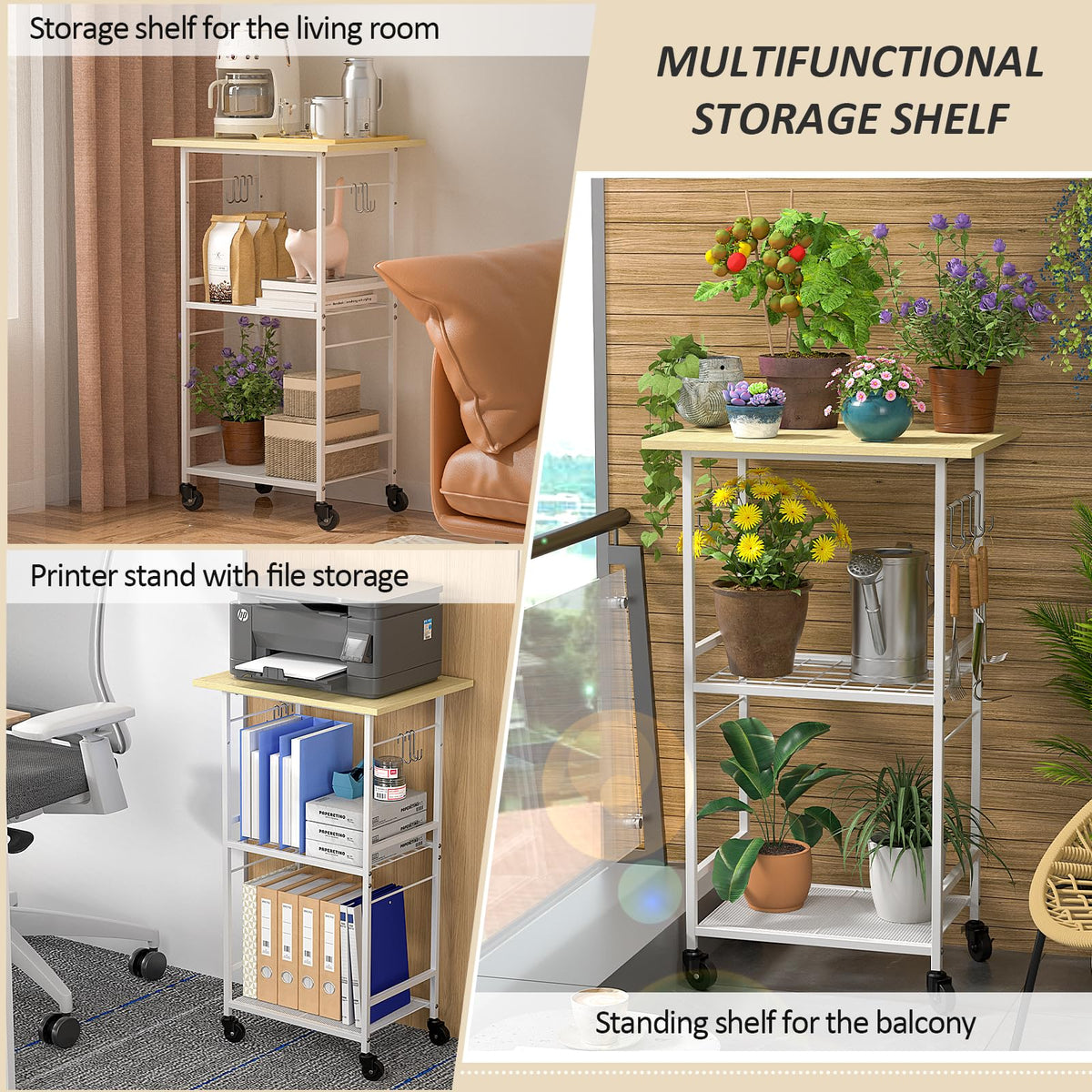 ThreeHio three-tier cart, sturdy wood and metal construction resists moisture and wear.