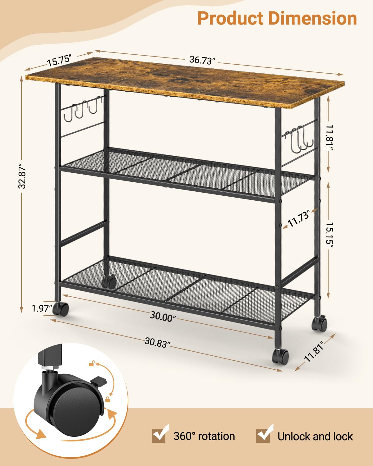 ThreeHio kitchen island with six hooks for hanging utensils and towels