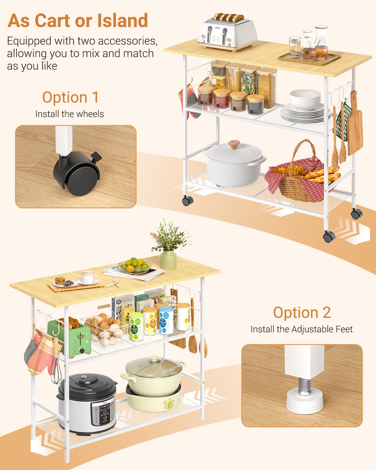 ThreeHio kitchen island on lockable wheels for effortless mobility