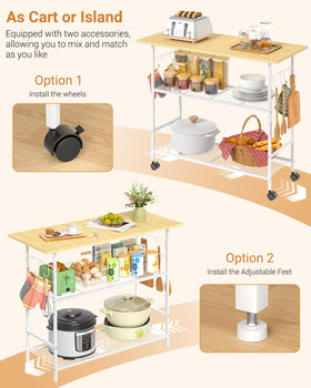 ThreeHio kitchen island on lockable wheels for effortless mobility