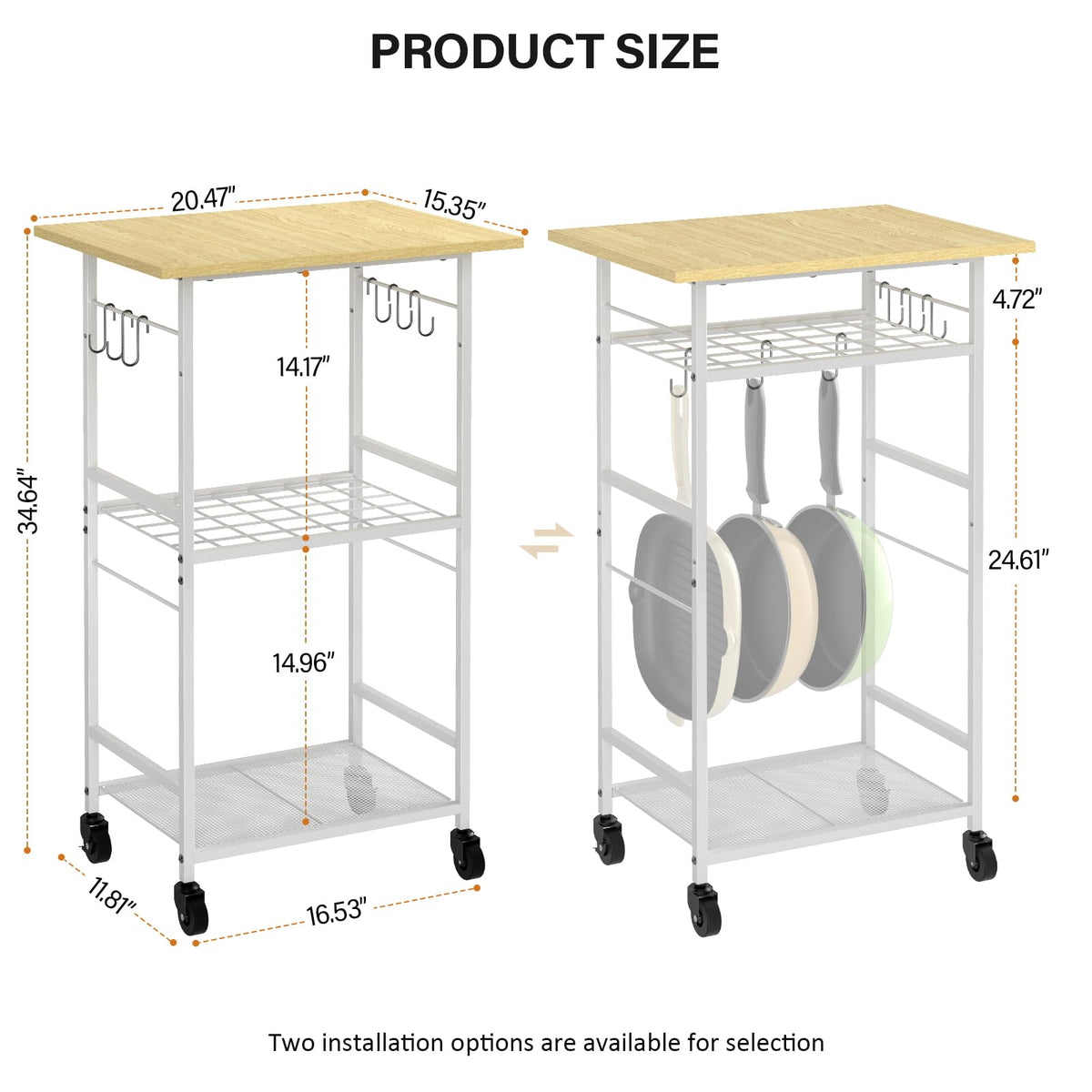 ThreeHio microwave cart top-shelf function, doubles as pot rack for cookware organization.