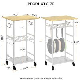 ThreeHio microwave cart top-shelf function, doubles as pot rack for cookware organization.