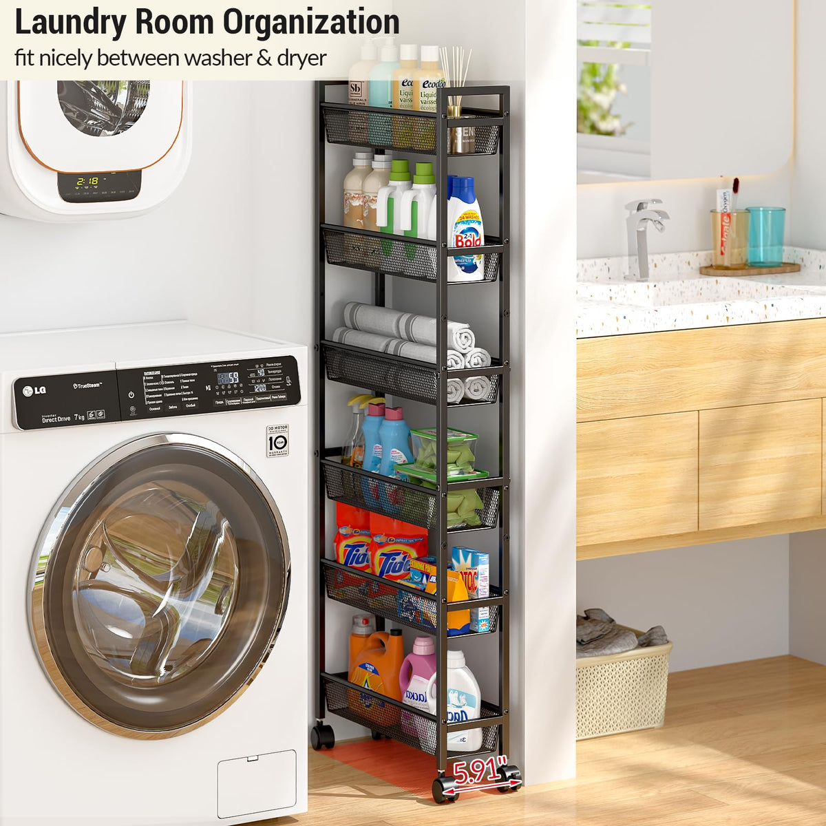 ThreeHio narrow storage cart with wheels enables easy mobility in kitchens