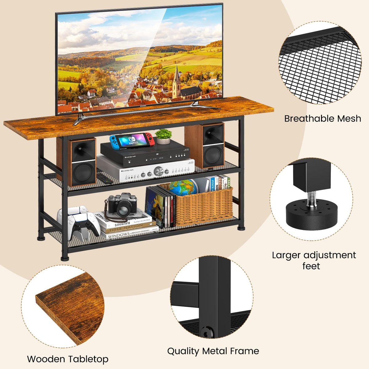 ThreeHio open shelves simplify cable management and device layout.