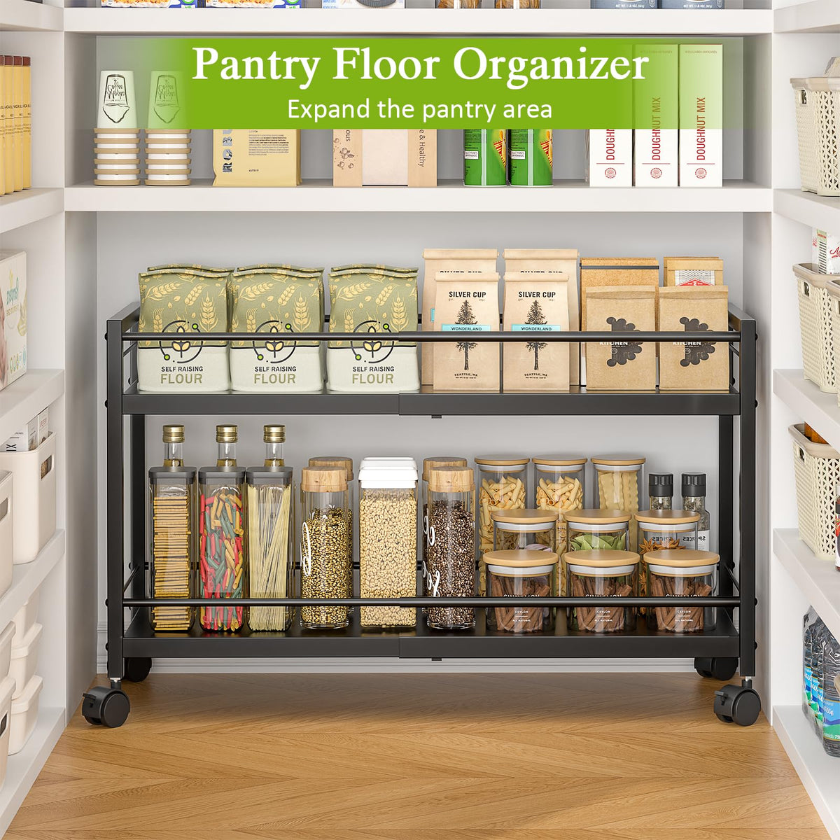 ThreeHio pantry cart on wheels moves smoothly for flexible storage.