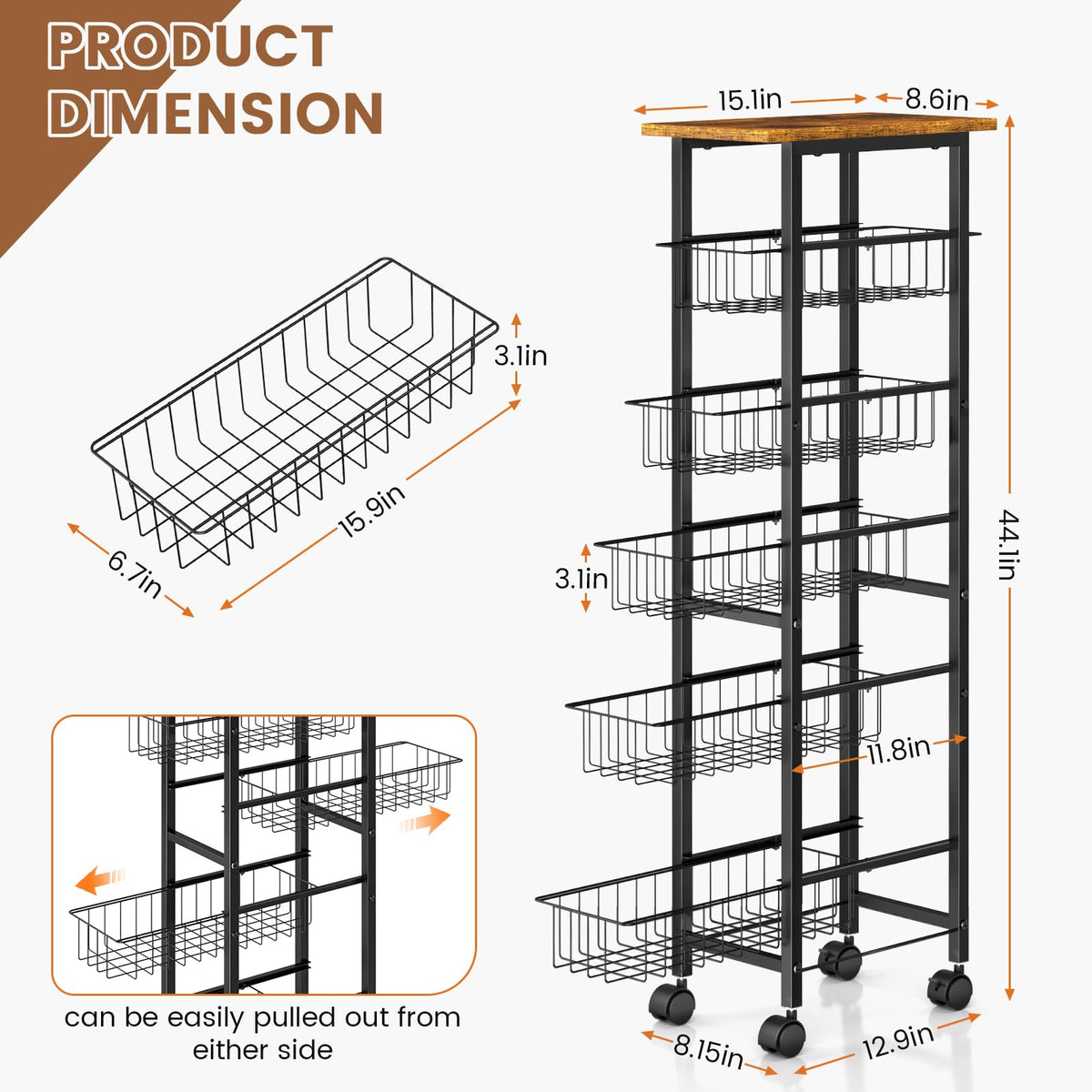 ThreeHio pull-out baskets closeup show smooth gliding for quick access.