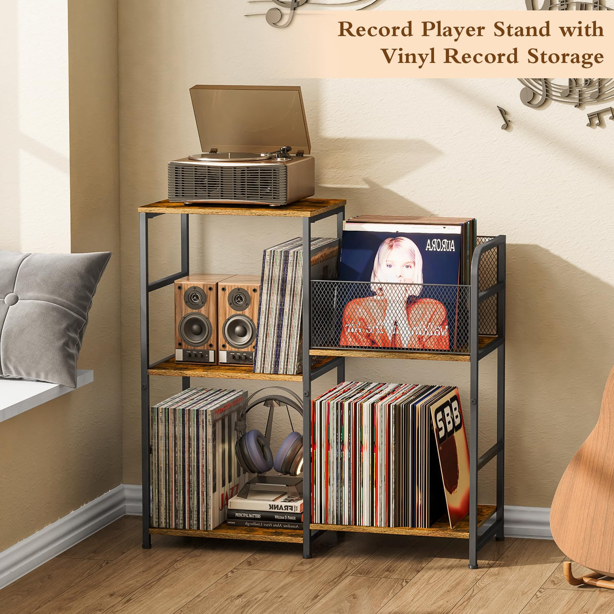 ThreeHio record player stand assembled in a living room setting, 30-04 in wide
