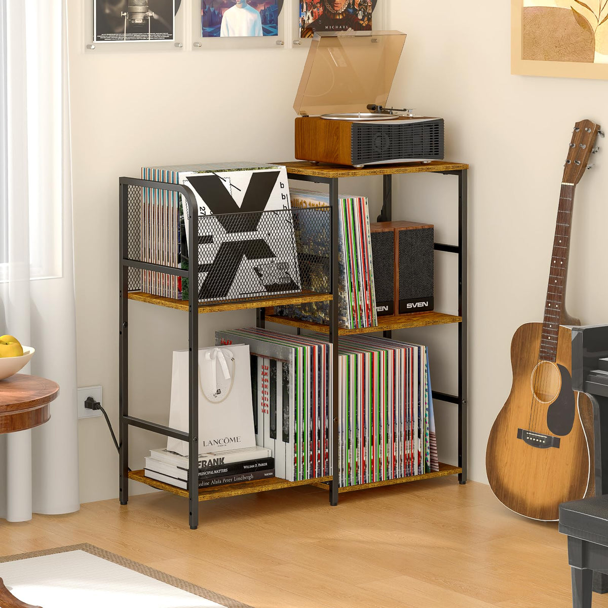 ThreeHio record player stand measures 30 inches wide for compact rooms.