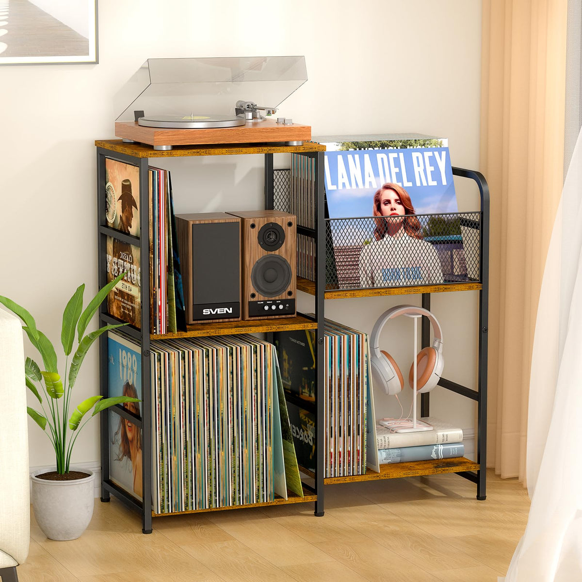 ThreeHio record player stand front view with organized vinyl storage for easy access