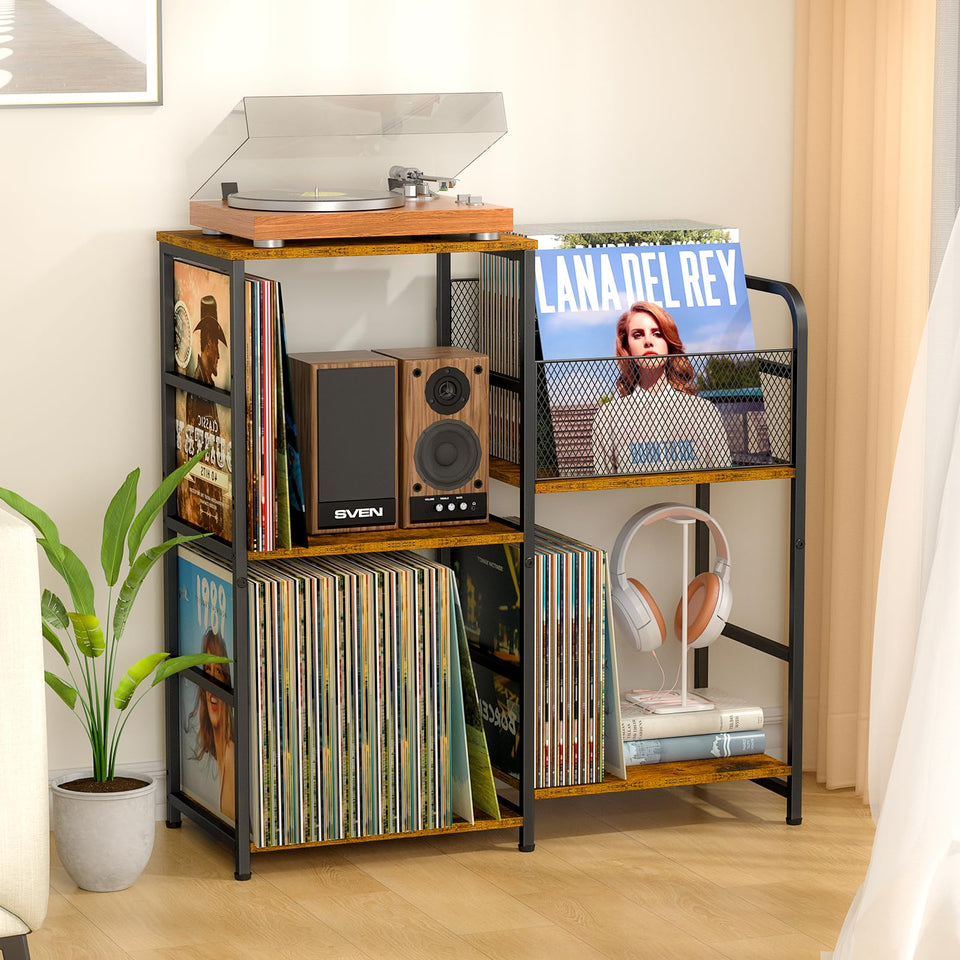 ThreeHio record player stand front view with organized vinyl storage for easy access