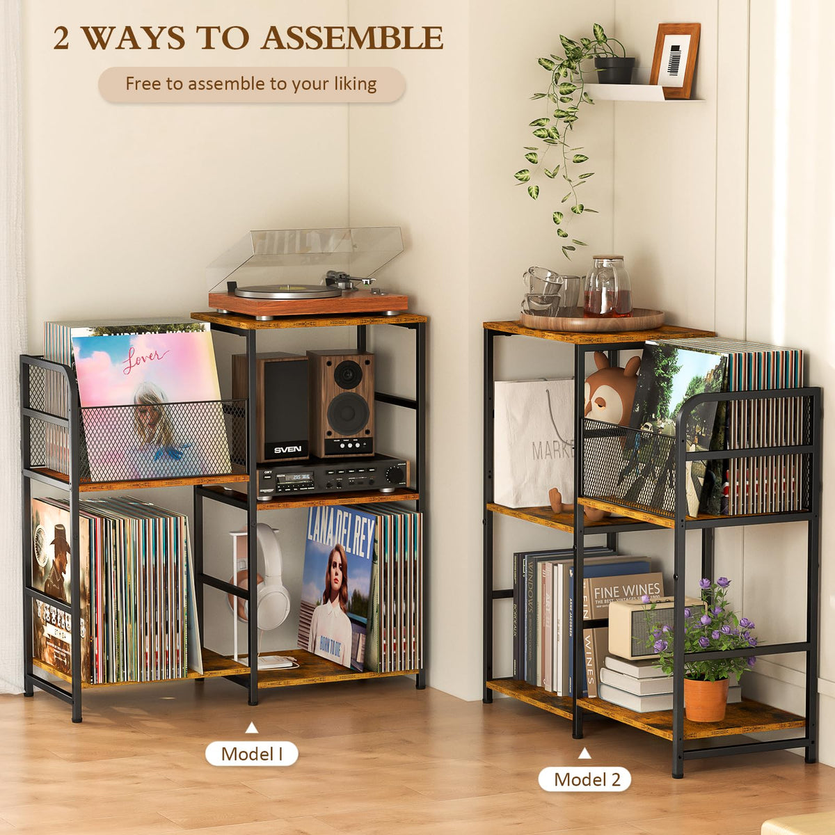 ThreeHio record player stand left side vinyl shelves showing two-tier layout in living room