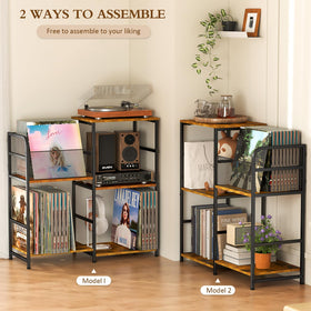 ThreeHio record player stand left side vinyl shelves showing two-tier layout in living room