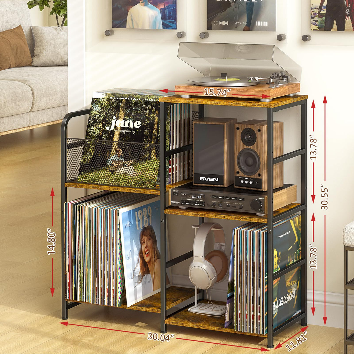 ThreeHio record player stand right side vinyl shelves displaying three-tier storage setup