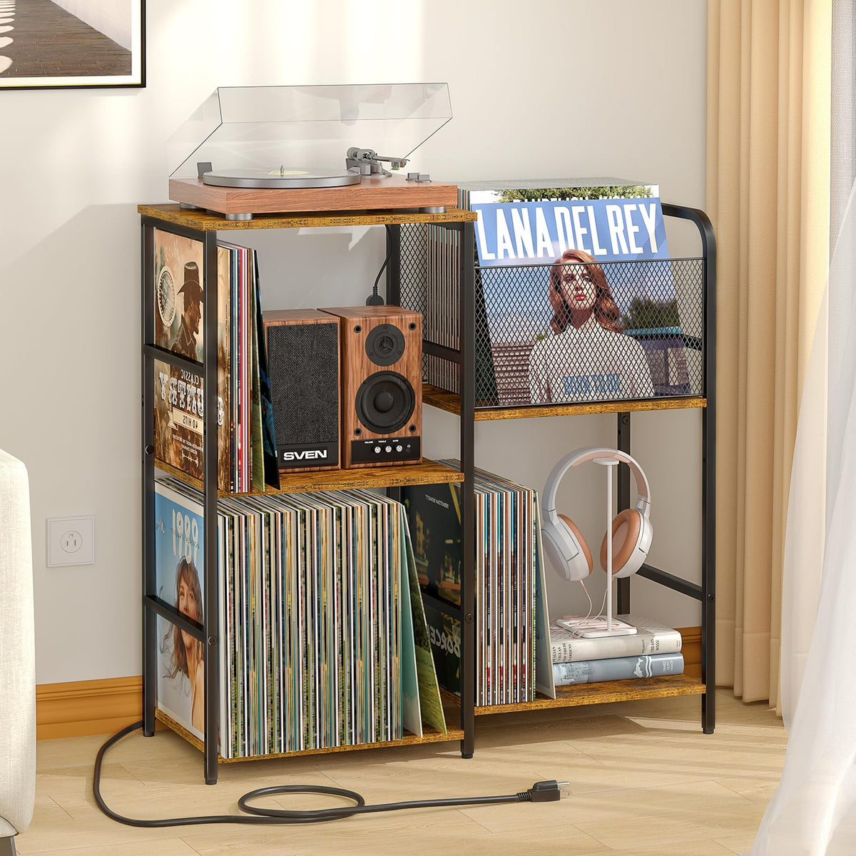 ThreeHio record player stand with outlets for convenient charging.