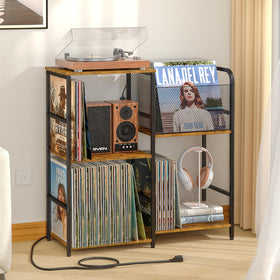 ThreeHio record player stand with outlets for convenient charging.