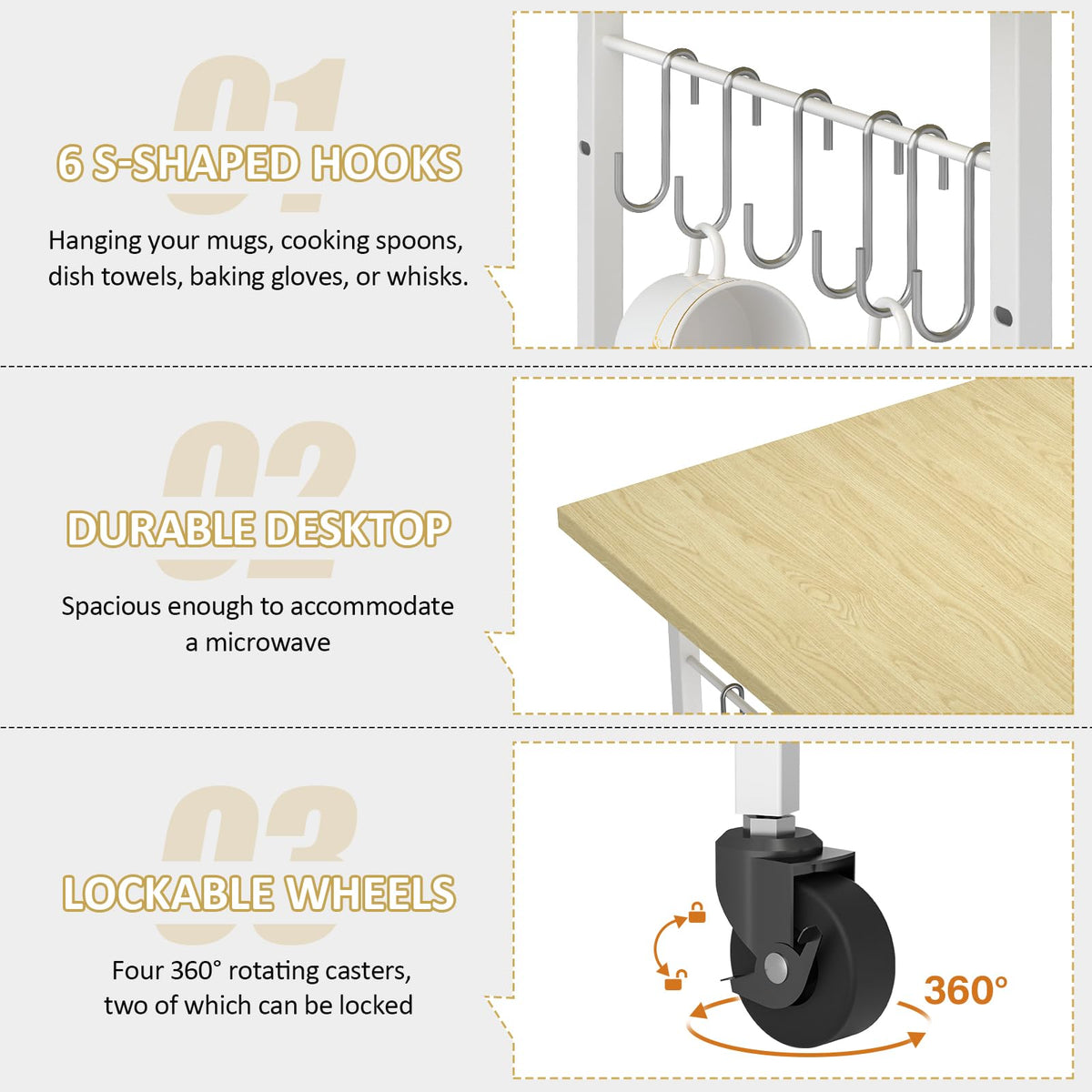 ThreeHio rolling cart with lockable wheels, ensures stable positioning in busy kitchens.