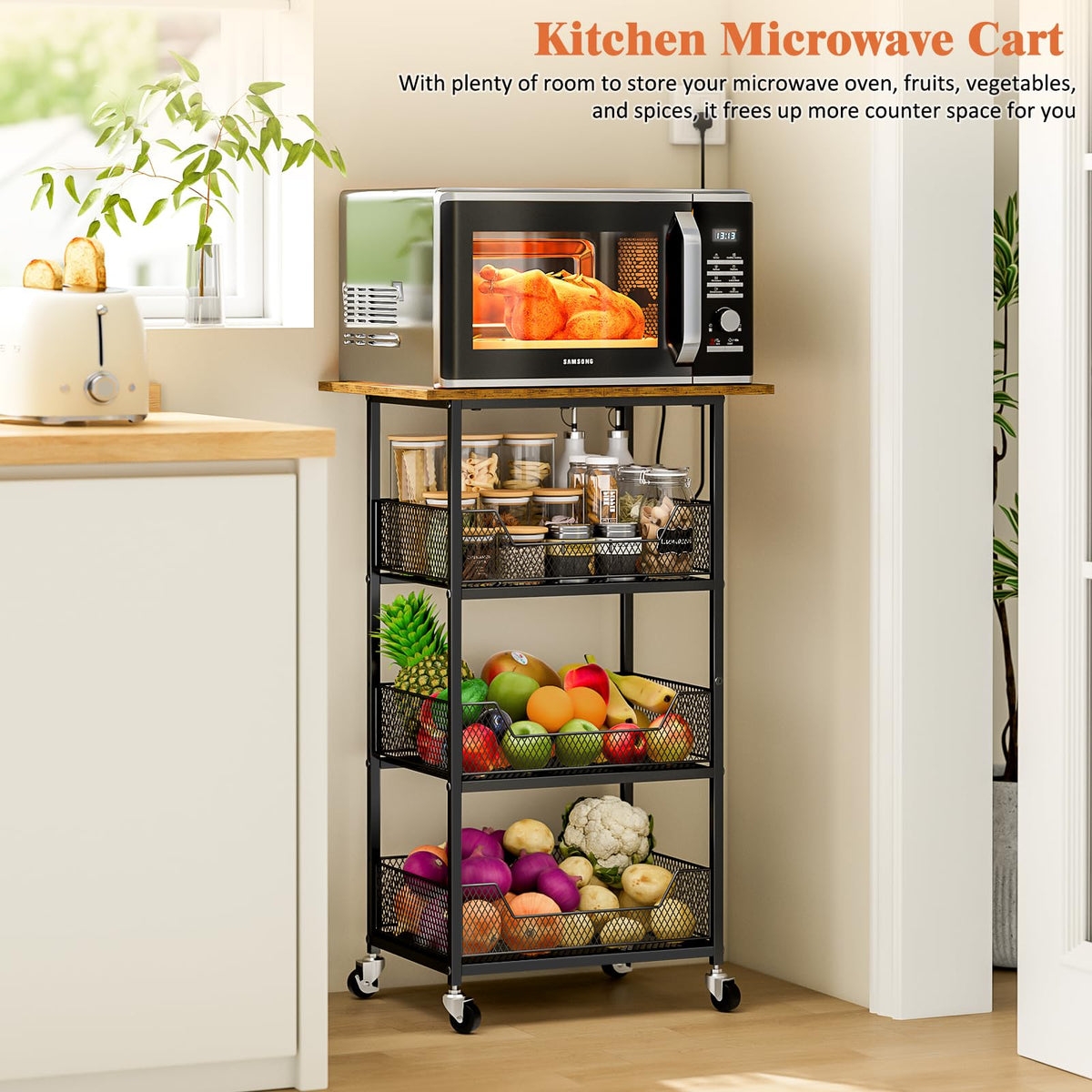 ThreeHio cart with three-tier baskets for organized produce and pantry storage
