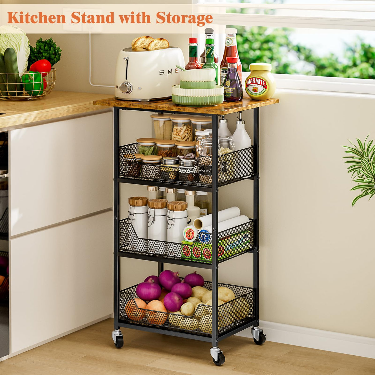 ThreeHio cart with four casters including two locks for smooth movement and stability