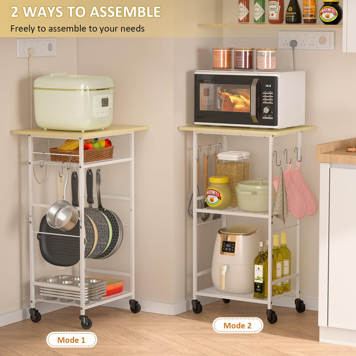 ThreeHio rolling kitchen microwave cart middle-shelf setup, optimized for microwave placement.