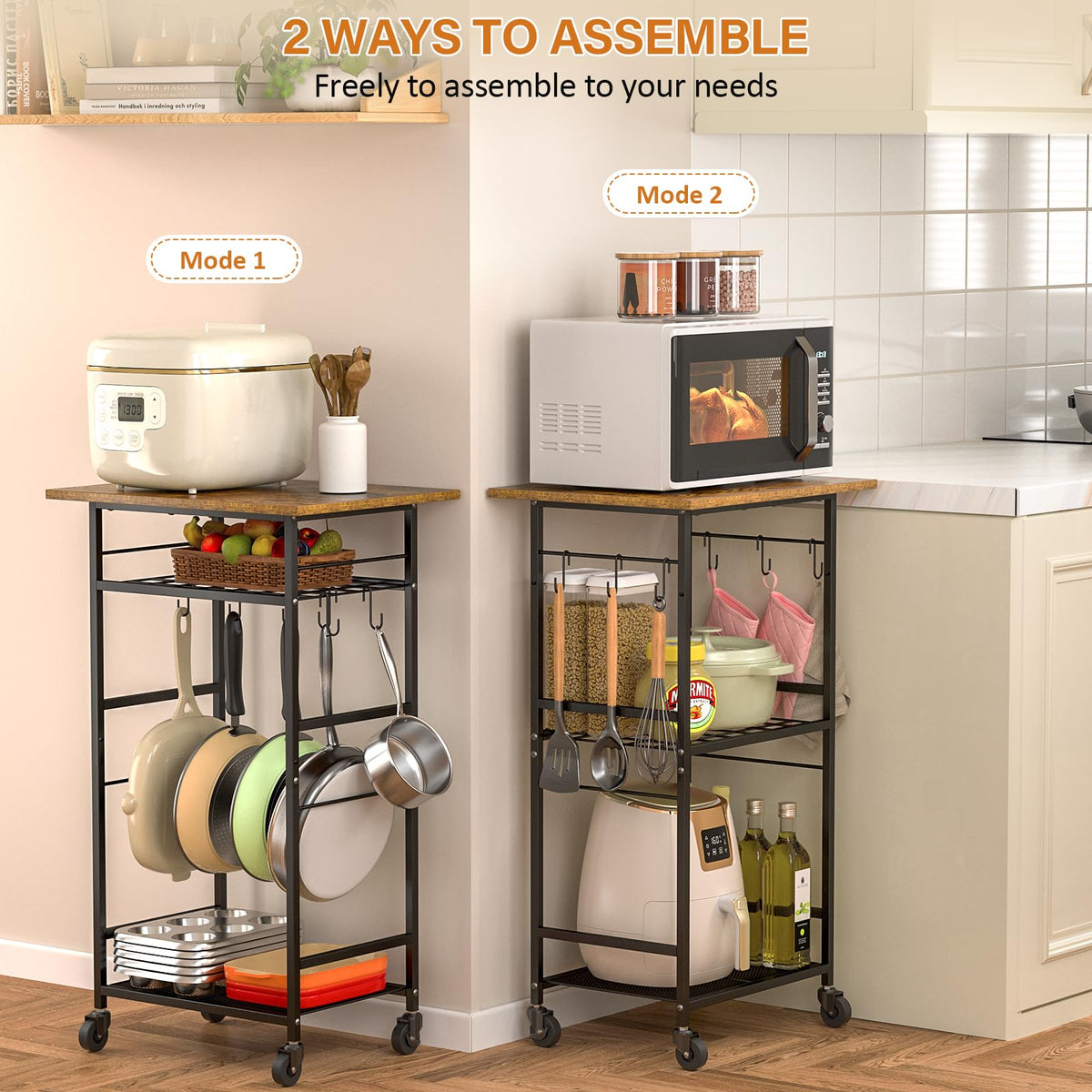 ThreeHio Rolling Kitchen Microwave Cart middle shelf demonstrates flexible storage options.