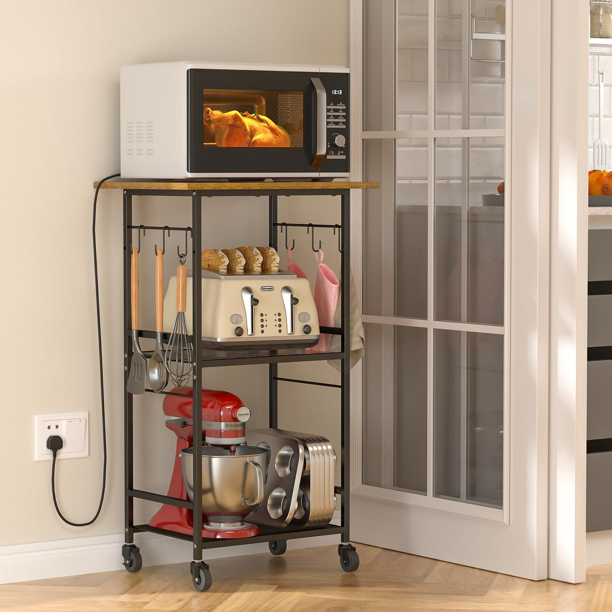 ThreeHio Rolling Kitchen Microwave Cart used as bar or coffee station planning space.
