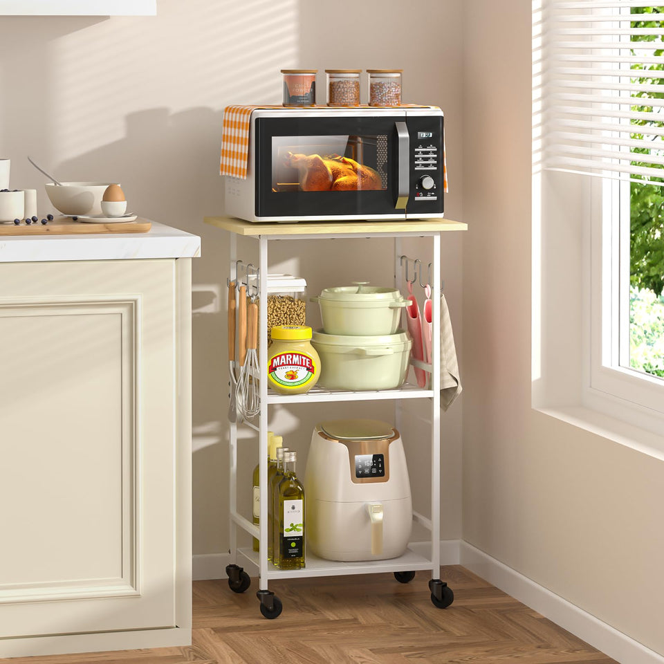 ThreeHio rolling kitchen microwave cart overview, sturdy and versatile for compact spaces.