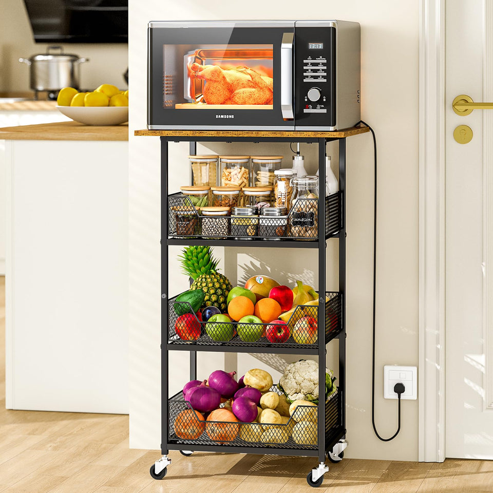 ThreeHio rolling kitchen cart with spacious microwave-ready tabletop for convenient meal prep
