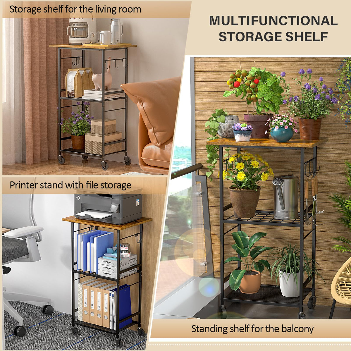 ThreeHio Rolling Kitchen Microwave Cart wood and metal construction ensures durability.
