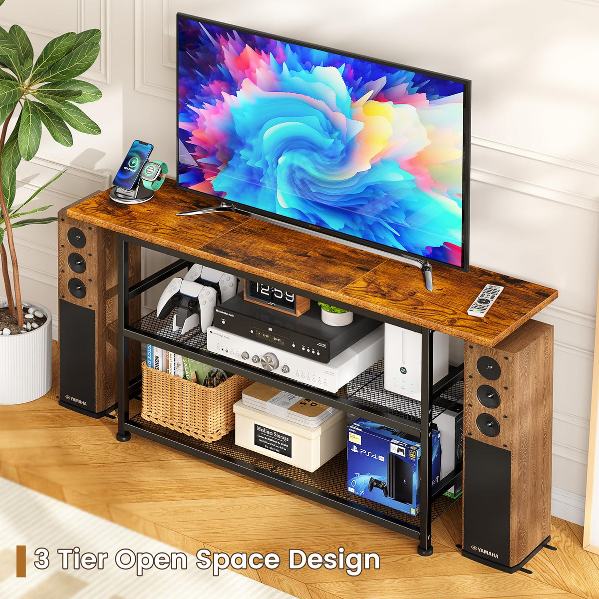 ThreeHio rustic brown media console adds warm, durable style.