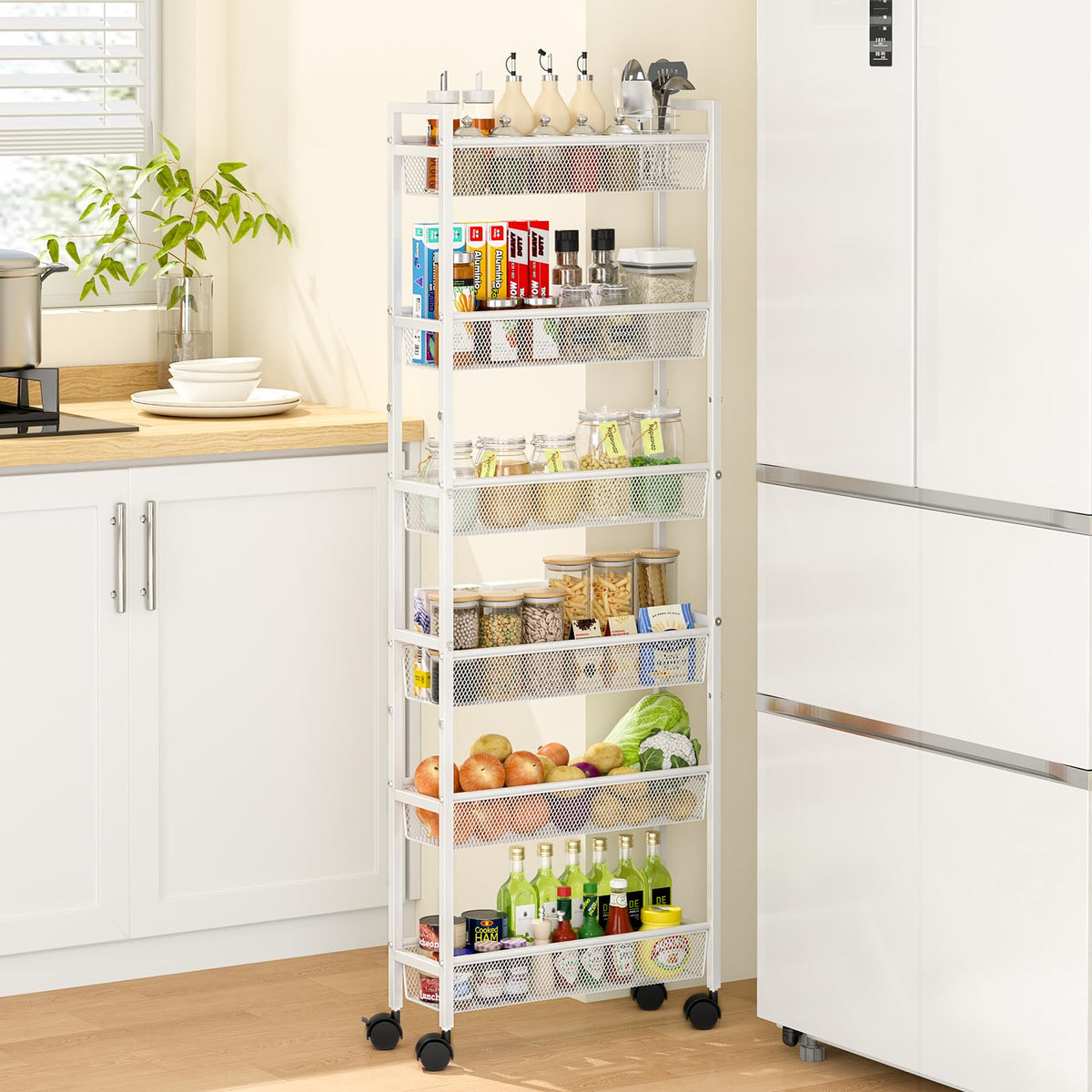 ThreeHio slim 6in-wide storage cart fits tight spaces for organized kitchen layouts.