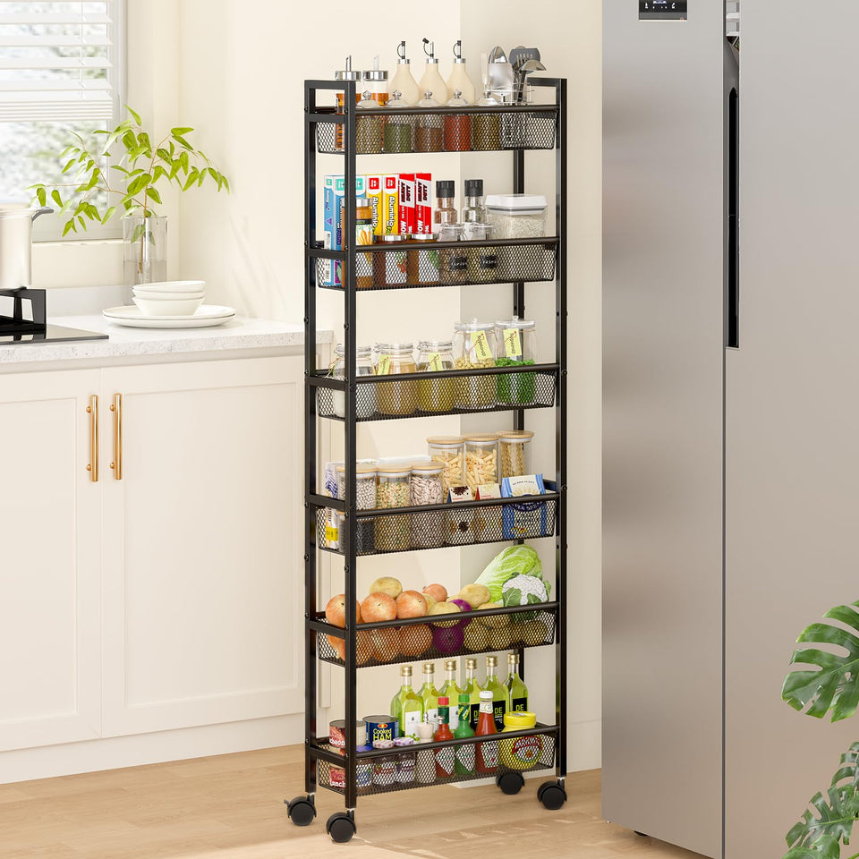 ThreeHio slim storage cart front view showing six narrow shelves for small spaces